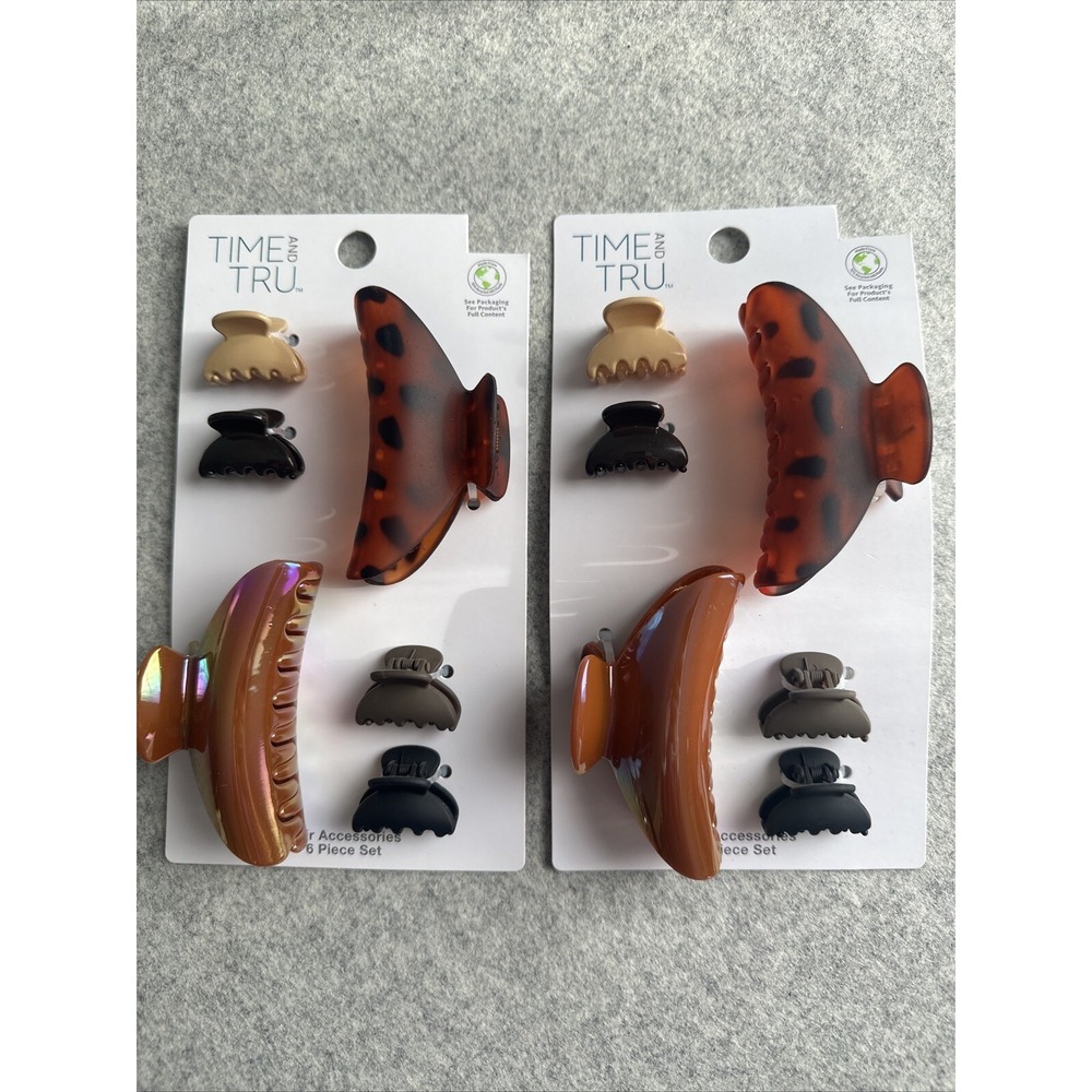 New‎ Time And Tru Hair Claw Clip Lot of 2 Sets Lg Sm Brown Beige Black Classic